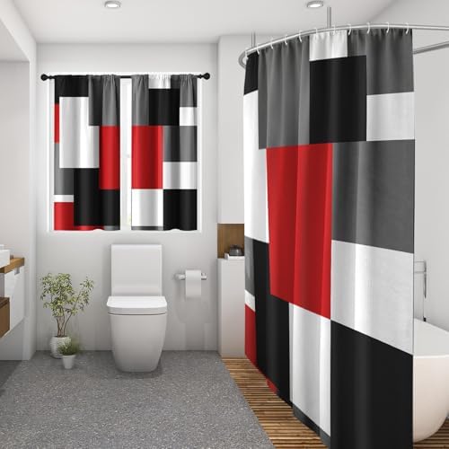 Shower Curtain Set, for Bathroom Decor 72" x 72", Geometric Red