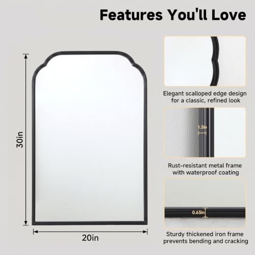 30"x20"﻿ Black Bathroom Scalloped Mirror, Rust-Proof Metal Frame