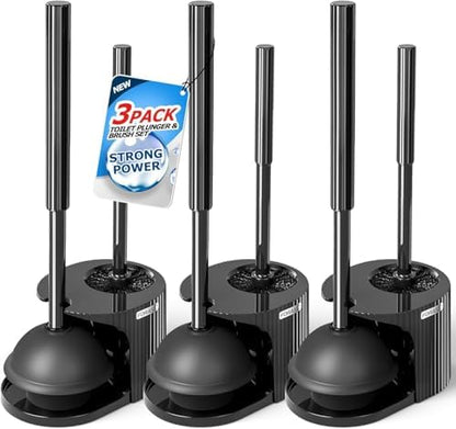 FORASTO 3Pack 2 in 1 Toilet Brush and Plunger Set, Extended Handle Plunger,Toilet Bowl Brush Plunger Set,Bathroom Cleaning Tools,Toilet Brush Plunger Combo,Cleaning Supplies，Black