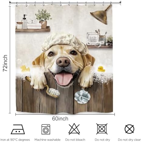 Funny Dog Farmhouse Shower Curtain 60Wx72L Inch Rustic Hilarious Labrador Pet Animal Country Bathroom Set Accessories Decor with 12 Pack Hooks