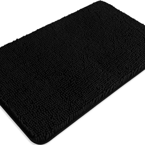 Black Bathroom Rug – Absorbent and Washable Bath Mat, Non-Slip, Thick Soft Chenille Bath Rugs for Bathroom, Kitchen, Shower, Sink - 20" x 32"