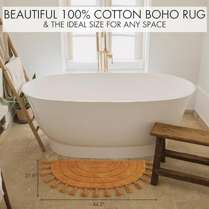 Beautiful Boho Rug with Tassels - Soft Half Circle Cotton Bathroom Mat