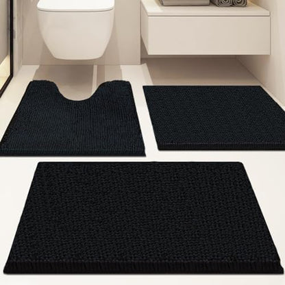 Bathroom Rugs Sets 3 Piece Non Slip,Bath Rugs with PVC Backing Bath Carpet,Bathroom Rug Washable,Absorbent,Plush Carpet Mats,Bath Mats for Bedroom, Kitchen,Tub,Home Decor (Black)