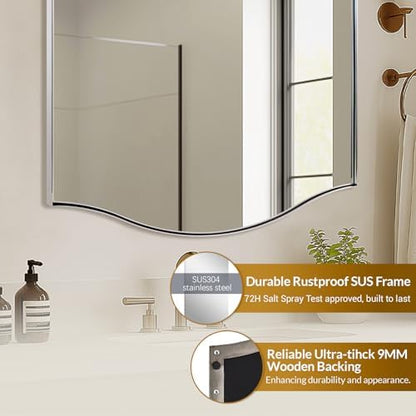 ANDY STAR Chrome Bathroom Mirror, 24"x36" Scalloped Wall Mirror in Stainless Steel Metal Frame, Unique Vanity Mirror with Modern Curved Edge Design, Ideal for Bathroom, Bedroom, Entryway