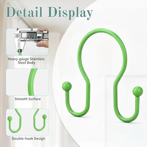 Goowin Shower Curtain Hooks, 12 Pcs Shower Curtain Rings, Stainless Steel Shower Curtain Hangers, Metal Shower Curtain Hooks Rings Rust Proof, Minimalist Shower Hooks for Shower Curtain, Green
