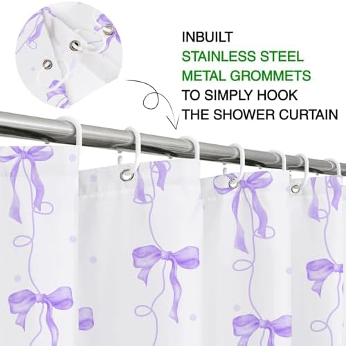 Purple Bow Shower Curtain for Bathroom Decor, Teen Girls Theme, 72x72In