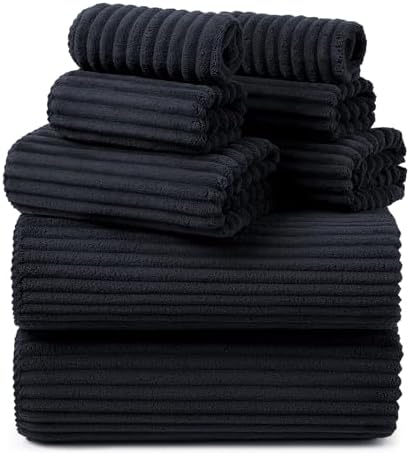 REDKISS Black Bath Towels Set 8 Piece - Microfiber Bathroom Towels of 8 Large, Highly Absorbent Bath Towel, Soft Shower Towel for Bathroom, Hotel 2 Bath Sheet 2 Hand 2 Washcloths 2 Hair Towel Wrap