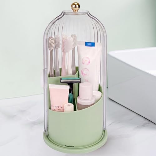 QIYVLOS Toothbrush Holders with Sliding Lid, Rotating 3 Slots Bathroom Organizer Countertop, Tooth Brush Toothpaste Holder Bathroom Counter Stand Sink Organizer Caddy for Makeup Brushes Holder (Green)