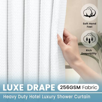 EUTXL Extra Thick 256GSM Waffle Weave Shower Curtain with Snap-in Liner, Heavy Duty Hotel Style Bath Curtain Set, Luxury Weighted Fabric, 71 x 74, White (Pack of 2)
