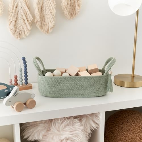 Decorative Toilet Paper Basket – Beautiful Bathroom Organizer for Toilet Tank Storage Decor – Boho Cotton Rope Bin with Tassel for Bathroom Accessories and as Shelf Decor (sage Green)