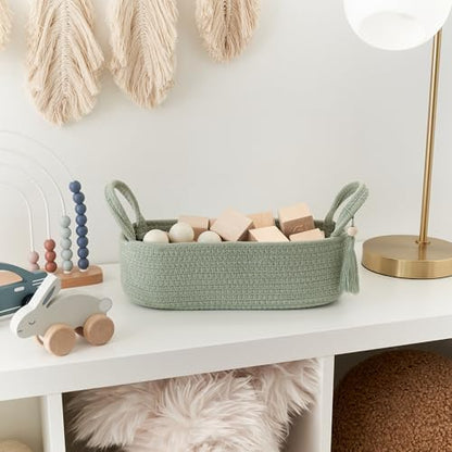 Decorative Toilet Paper Basket – Beautiful Bathroom Organizer for Toilet Tank Storage Decor – Boho Cotton Rope Bin with Tassel for Bathroom Accessories and as Shelf Decor (sage Green)