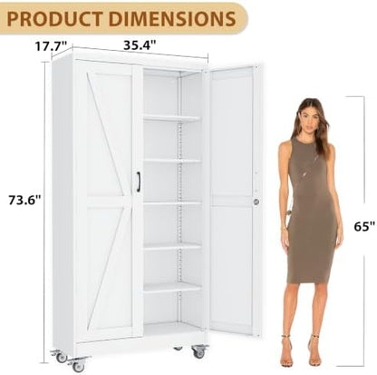 74" Metal Garage Storage Locker Cabinet with Wheels,Rolling White Farmhouse Kitchen Pantry Cabinet with 2 Doors and 5 Adjustable Shelves, Steel File Tool Cabinet for Home Office Warehouse