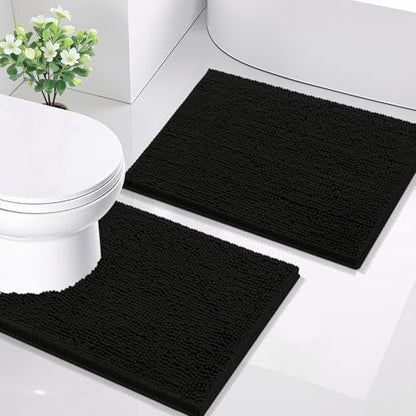 Smiry Chenille Bathroom Rugs Sets 2 Piece (24x16+ U Shape 24x20, Black)