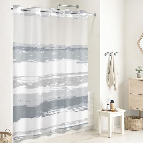 No Hook Shower Curtain with Liner, Grey Stripe, 71x84 Inch