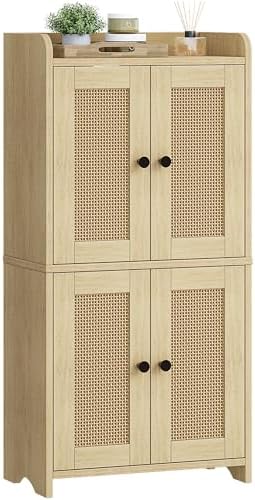HEXCELEN Small Storage Cabinet, Bathroom Storage Cabinet with 4 Doors, Floor Bathroom Organizer Freestanding for Small Spaces, Living Room, Kitchen, Entryway (Streamlined American, Yellow)