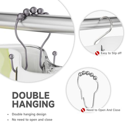 Bathway Shower Curtain Hooks, Shower Curtain Rings Rust Proof Double Hook Shower Curtain Hooks, 12 Pcs Grey Shower Hooks for Shower Curtain, Shower Rings for Curtain, Metal Shower Rod Hooks
