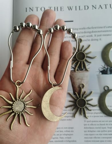 Sun Moon Celestial Shower Curtain Hooks Rings - Mid Century Abstract Boho Shower Curtain Hooks, Minimalist Vintage Cute Shower Hooks,Chic Mystic Fantasy Goth Nature Bathroom Decor