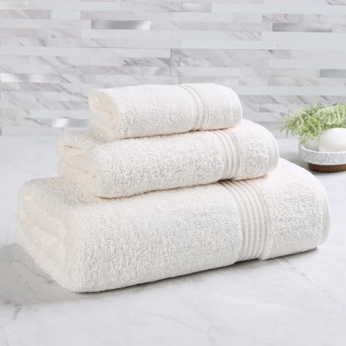 Superior Egyptian Cotton 3-Piece Towel Set, Basic Towels For Bathroom, Home Decor, Guest Bath, Shower, Apartment, Included 1 Face, 1 Hand, 1 Bath Towel, Washcloth, Quick Dry, Ivory