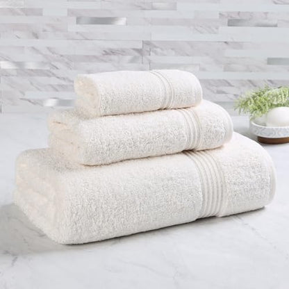 Superior Egyptian Cotton 3-Piece Towel Set, Basic Towels For Bathroom, Home Decor, Guest Bath, Shower, Apartment, Included 1 Face, 1 Hand, 1 Bath Towel, Washcloth, Quick Dry, Ivory