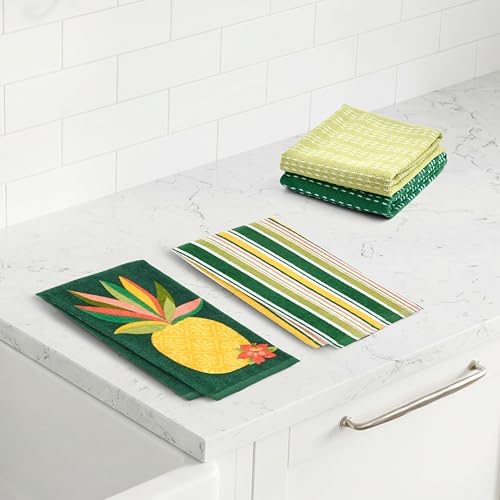 Ritz 4-Piece Kitchen Towel Set, Pineapple Hibiscus & Multi-Stripe Prints with Dark Pine & Lime Green Textured Terry, 100% Cotton & Absorbent Blend, 16" x 26", Tropical Island Kitchen Decor