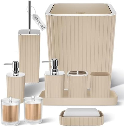 XLHOMO Bathroom Accessories Set - Gorgeous Beige Bathroom Set, 10PC Bathroom Accessory Set, Toilet Brush, Trash Can & Soap Dispenser