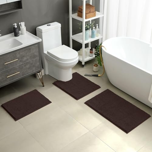 HOMEIDEAS Brown Chenille Bathroom Rugs Set of 3, Non Slip Bath Mat