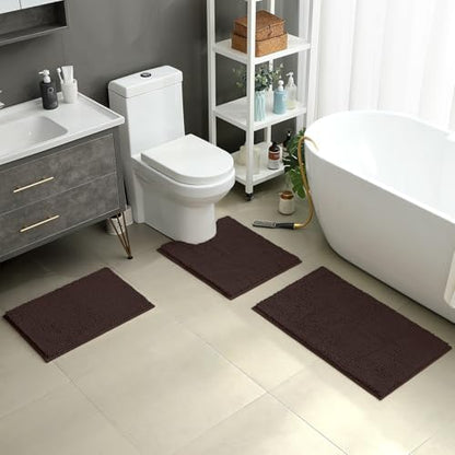 HOMEIDEAS Brown Chenille Bathroom Rugs Set of 3, Non Slip Bath Mat
