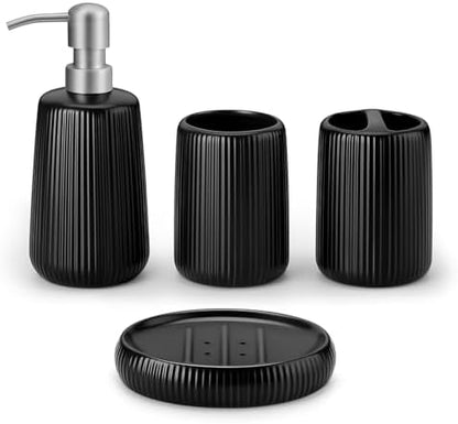 vancasso Ceramic Bathroom Accessories Set 4 Piece, Soap Dispenser with Stainless Steel Pump, Toothbrush Holder, Tumbler and Soap Dish, Modern Relief Design, Bathroom Decor Organizer, Black