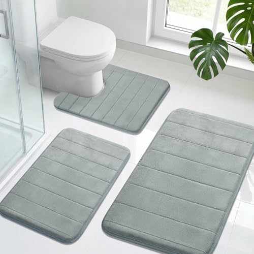 Neween Bathroom Rugs Set 3 Piece, Absorbent Memory Foam Bath Mat, Grey