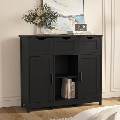 Sideboard Floor Storage Cabinet - Wooden Storage Organizer with 2 Doors and 3 Drawers, Free Standing Accent Buffet Cabinet with Adjustable Shelves for Living Room, Kitchen, Bathroom (Black)