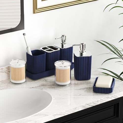 XLHOMO Navy Blue Bathroom Accessories Set - Gorgeous Bathroom Set, 10PC Bathroom Accessory Set, Toilet Brush, Trash Can, Qtip Holder & Soap Dispenser