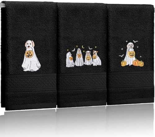 FuWeave 3 Pcs Black Halloween Ghost Dog Hand Towels for Bathroom