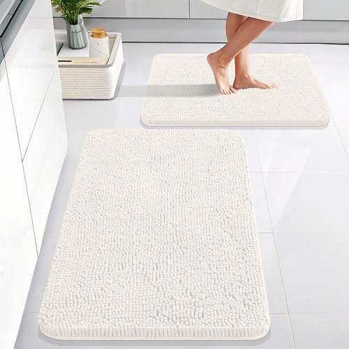 OLANLY Chenille Bathroom Rugs Mats Sets 2 Piece, 30"x20"+24"x16", Ivory