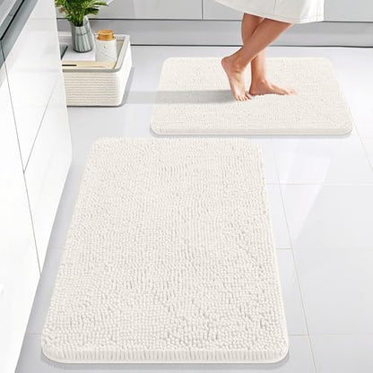 OLANLY Chenille Bathroom Rugs Mats Sets 2 Piece, 30"x20"+24"x16", Ivory