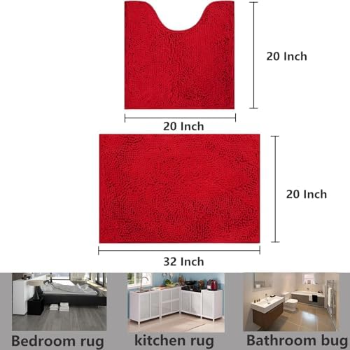 Bathroom Rugs Chenille, Extra Thick and Absorbent, Non-Slip, Machine Washable, Dry Quckily, Soft Cozy Plush, Used Under Shower Bathtub and Sink, Bath mat Sets Red