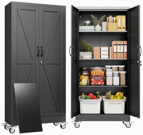 61" Metal Garage Storage Locker Cabinet with Wheels,Rolling Black Farmhouse Kitchen Pantry Cabinet with 2 Doors and 3 Adjustable Shelves, Steel File Tool Cabinet for Home Office Warehouse