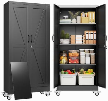 61" Metal Garage Storage Locker Cabinet with Wheels,Rolling Black Farmhouse Kitchen Pantry Cabinet with 2 Doors and 3 Adjustable Shelves, Steel File Tool Cabinet for Home Office Warehouse