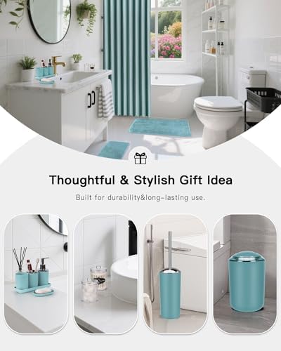 IMAVO Blue Bathroom Accessories,Non Slip Absorbent Bathroom Rugs and Waterproof Shower Curtain with Hooks,Complete Bathroom Set for Bathroom Décor