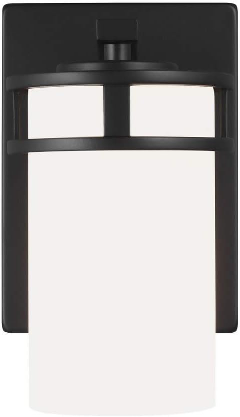 Generation Lighting 4121601-112 Robie Etched/White Glass Cylinder Wall Sconce Lighting Fixture, 1-Light 75 Watt, 8 Inch H x 5 Inch W, Midnight Black, Steel Construction