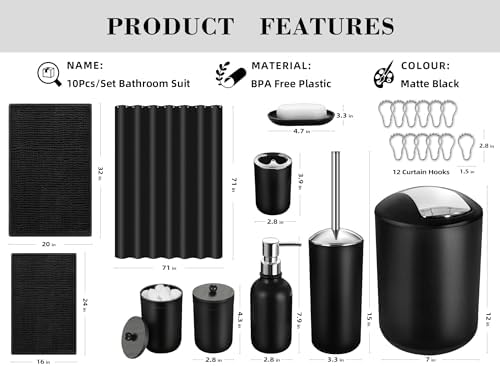 Black Bathroom Accessories Set, 22Pcs Bathroom Sets with Shower Curtain and Rugs, Bathroom Accessories Sets Complete with Trash Can, Non-Slip Bathroom Rugs Super Absorbent
