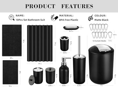 Black Bathroom Accessories Set, 22Pcs Bathroom Sets with Shower Curtain and Rugs, Bathroom Accessories Sets Complete with Trash Can, Non-Slip Bathroom Rugs Super Absorbent