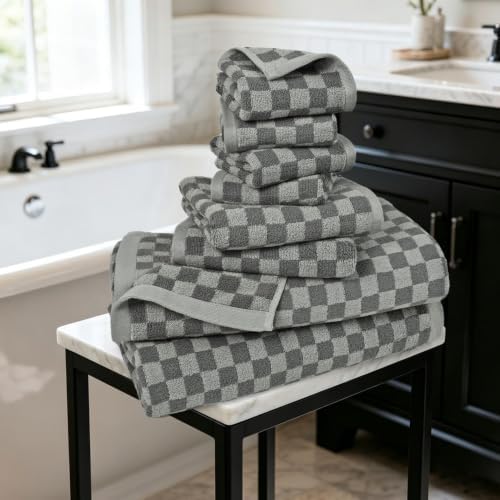 Jacquotha Grey Checkered Towel Set of 8, Cotton Towels for Bathroom Decor