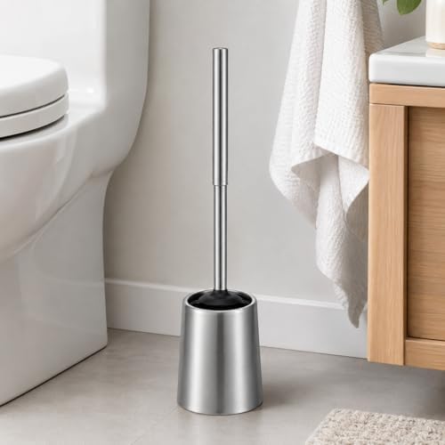 SUS304 Stainless Steel Toilet Brush and Holder Hard Bristles Bathroom Brush Head Toilet Cleaner for Bowl Bathroom Cleaning Brush Caddy with Oily Coating Brushed Chrome