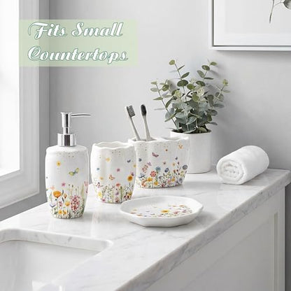 Newtay Ceramic Bathroom Accessories Set of 4, Wildflower Meadow Floral Decor with Butterflies & Gold Speckles, Soap Dispenser Pump, Toothbrush Holder, Tumbler Cup & Soap Dish for Countertop Vanity
