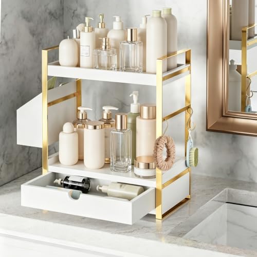 2-Tier Bathroom Counter Organizer, Wooden Vanity Shelf with Drawer & Basket