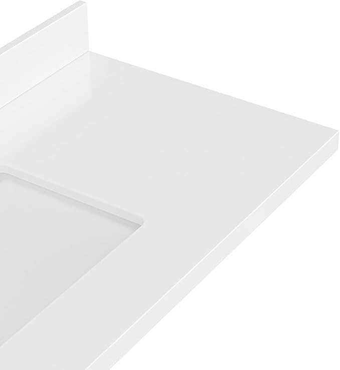 ARIEL 37 inch Bathroom Vanity top with Sink, 1.5 Inch Thick Miter Edge White Quartz top, Left Offset Vanity top with Rectangle Porcelain Sink, Includes Backsplash