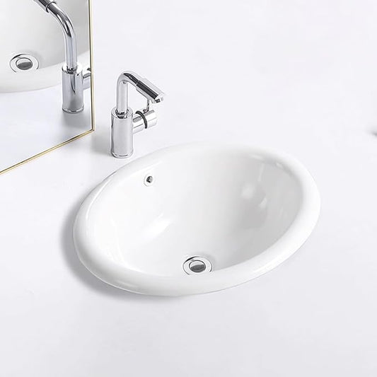 Bathroom Oval Vessel Sink 20" x 16.5" Semi Recessed Sink White Ceramic Sink with Overflow Modern Sinks Bowl Vanity Above Counter Basin