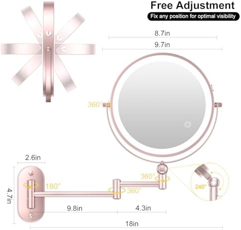 9" Wall Mounted Lighted Makeup Mirror,4000mAh Rechargeable Double Sided 1X/20X Magnifying Mirror with Light,Touch Dimmable,Extended Arm 360 Rotation Wall Mounted Makeup Mirror 3 Color Lights-Gold