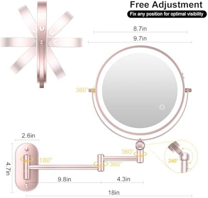 9" Wall Mounted Lighted Makeup Mirror,4000mAh Rechargeable Double Sided 1X/20X Magnifying Mirror with Light,Touch Dimmable,Extended Arm 360 Rotation Wall Mounted Makeup Mirror 3 Color Lights-Gold
