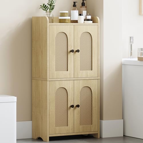 HEXCELEN Small Storage Cabinet, Bathroom Storage Cabinet with 4 Doors, Floor Bathroom Organizer Freestanding for Small Spaces, Living Room, Kitchen, Entryway (Mediterranean, Yellow)